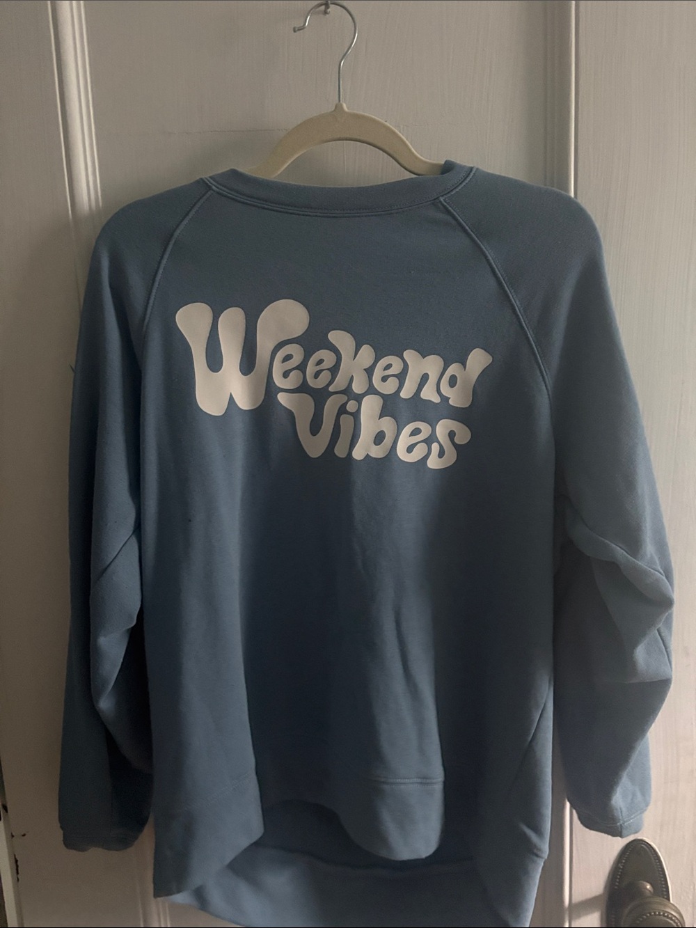 LOFT Blue Crewneck Sweatshirt with White "Weekend Vibes" Graphic